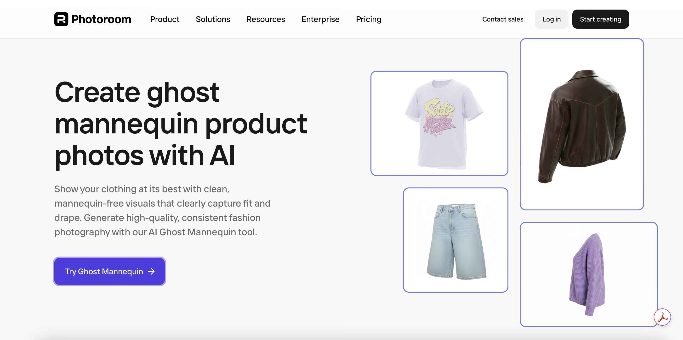 Photoroom editor with Ghost Mannequin AI feature open — left toolbar with multiple tools (Background, Cleanup, Magic Studio, Ghost Mannequin), main canvas, right sidebar with adjustment sliders
