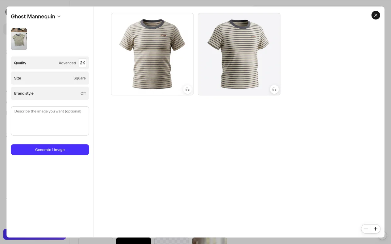 PhotoRoom Ghost Mannequin workspace showing two results from the striped T-shirt
