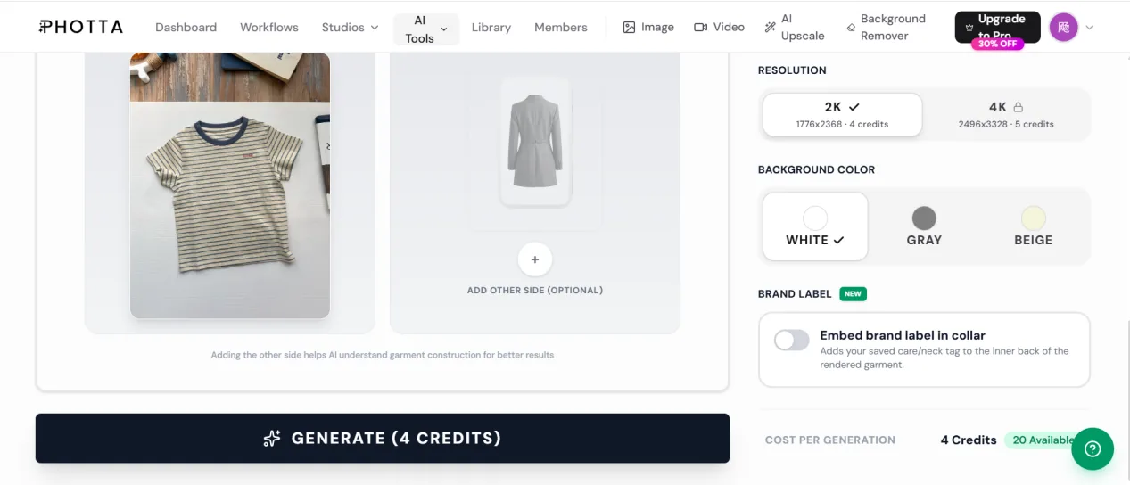 Photta ghost mannequin workspace showing four-credit 2K generation