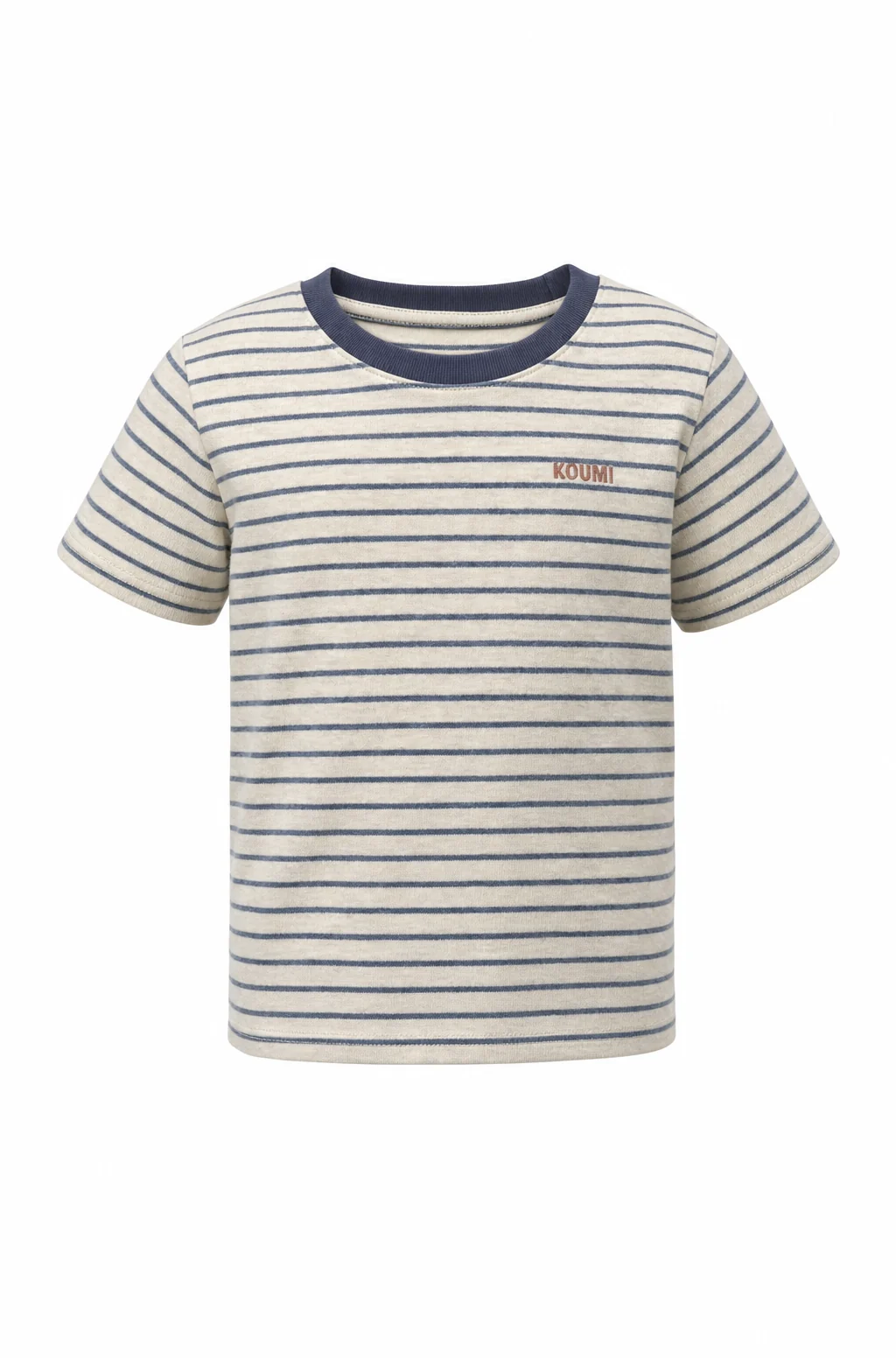 Snappyit front ghost mannequin result preserving the striped T-shirt and KOUMI logo