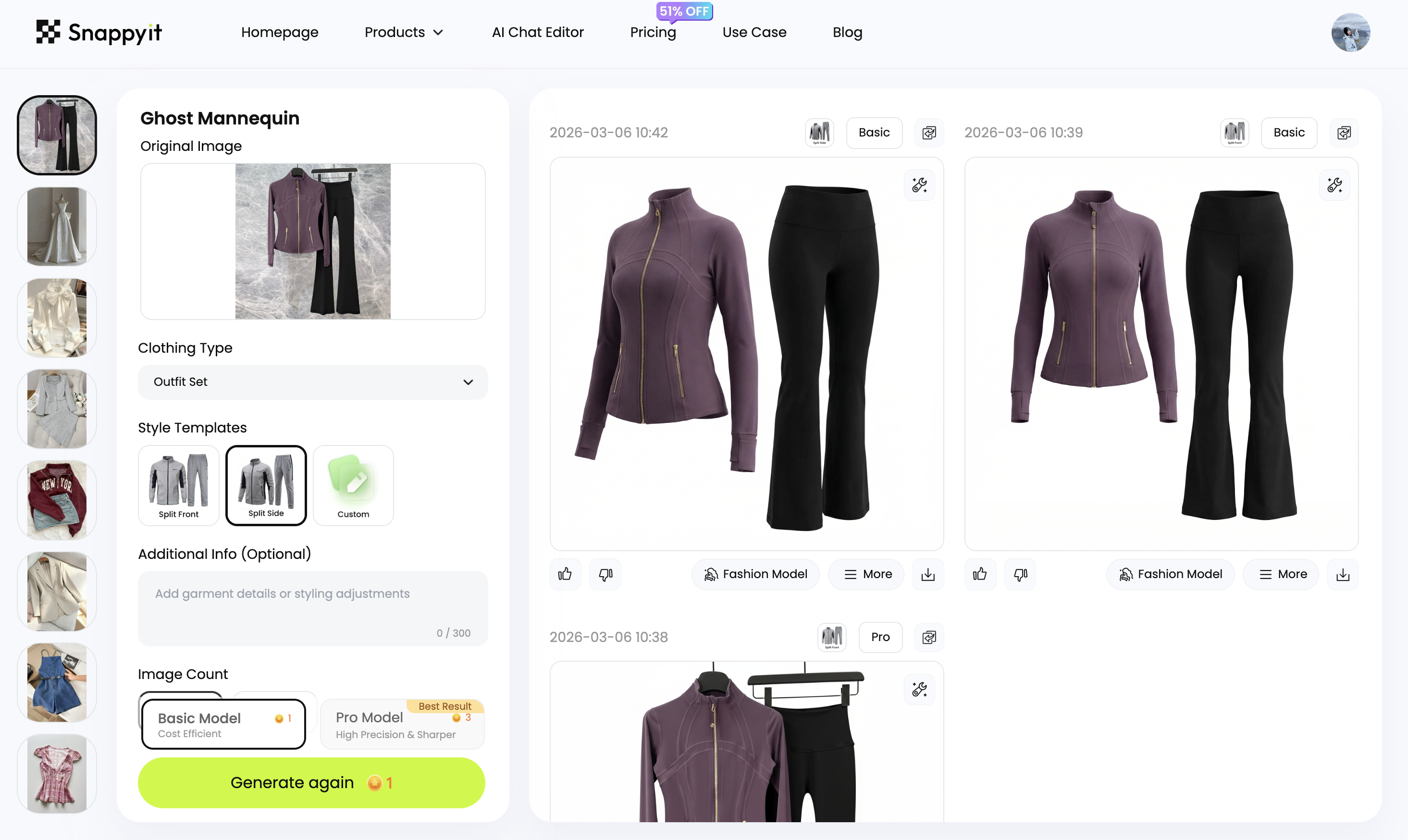 Snappyit ghost mannequin workspace — template gallery on the right with pre-built ghost mannequin templates by garment type, flat-lay upload area on the left, no settings or sliders