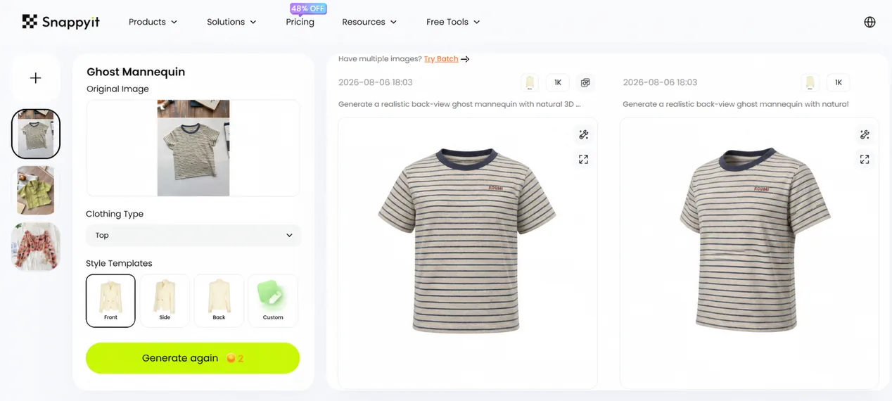 Snappyit Ghost Mannequin workspace with the striped T-shirt and generated front and angled views