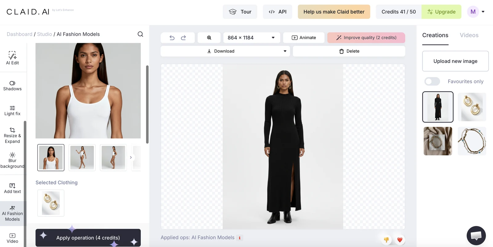 Claid AI fashion model jewelry test with earrings applied to a full-body model