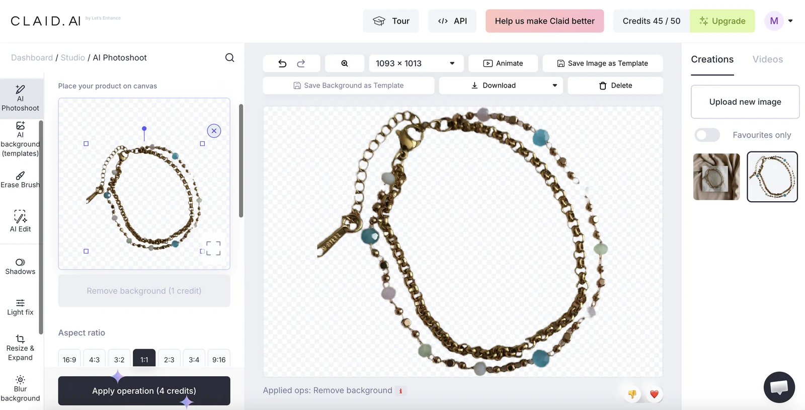 Claid AI jewelry background removal test showing a bracelet cutout