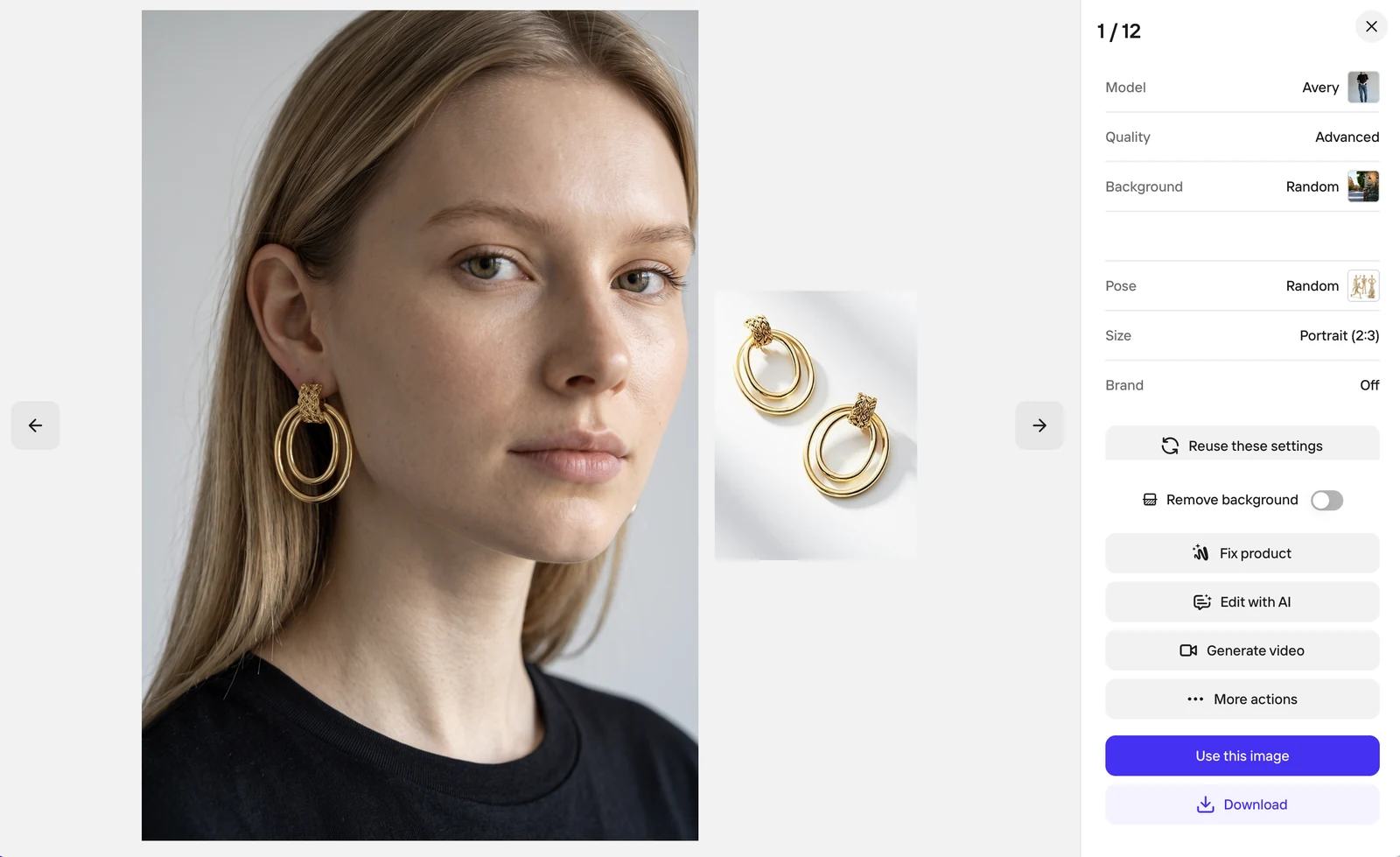 Photoroom jewelry model test showing the source earrings placed on a model