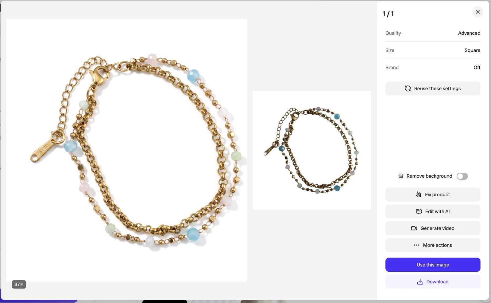 Photoroom jewelry retouch test showing a clean bracelet product photo and source reference