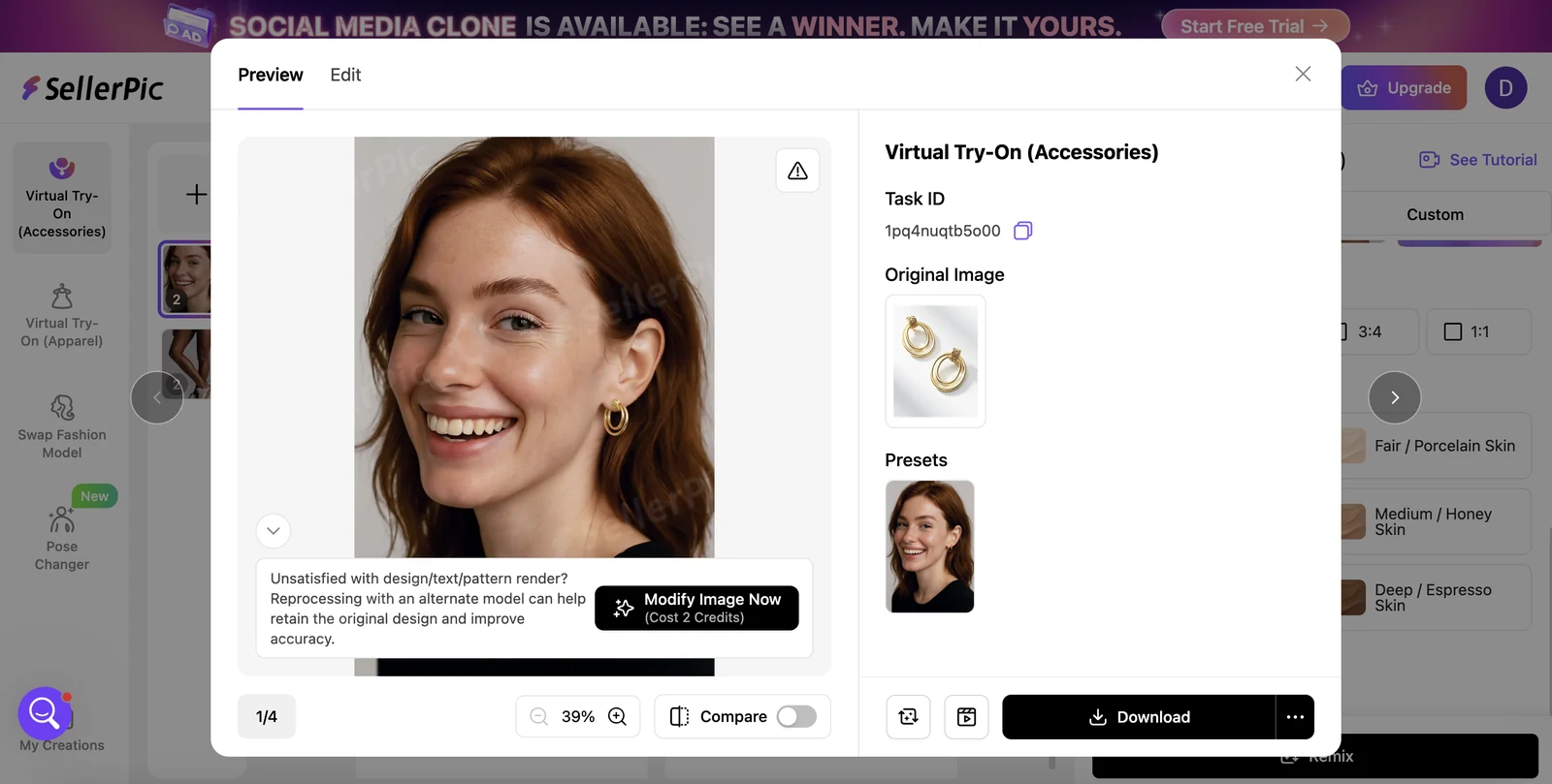 SellerPic virtual try-on jewelry test showing earrings on a model