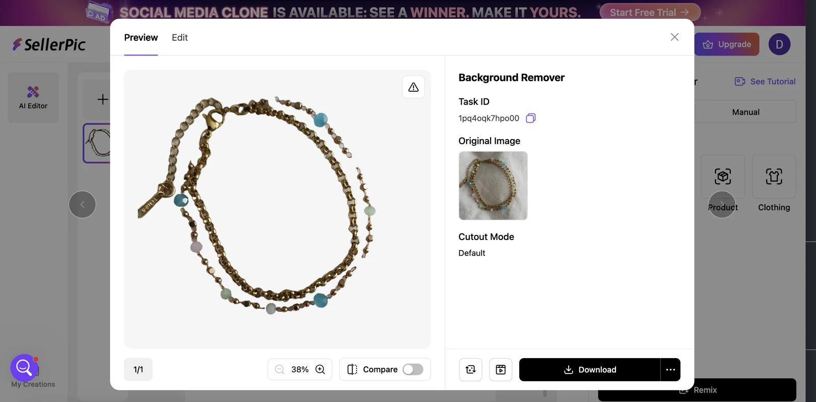 SellerPic background remover jewelry test with bracelet source and cutout result