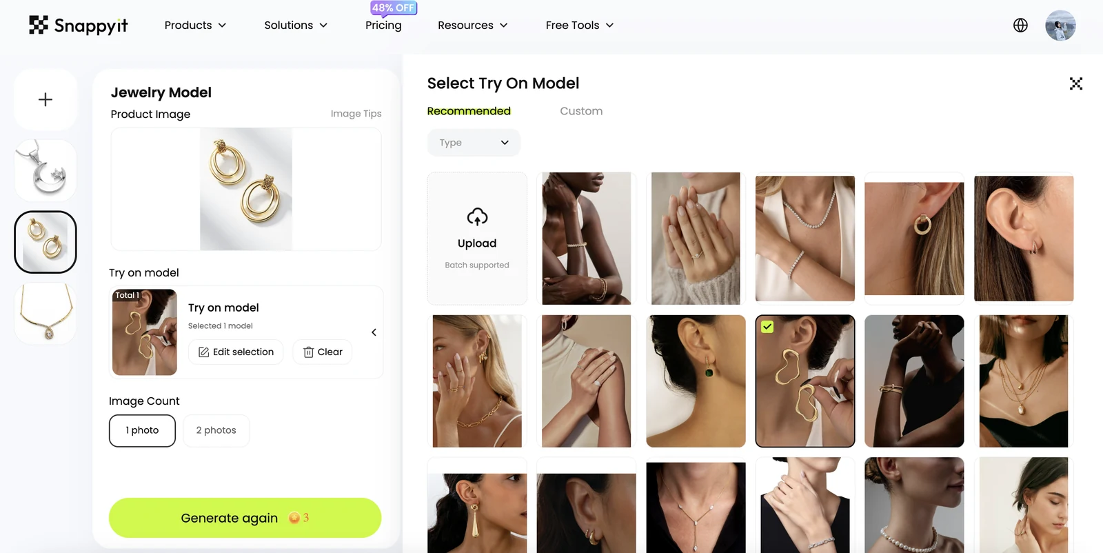 Snappyit jewelry model test template selection screen