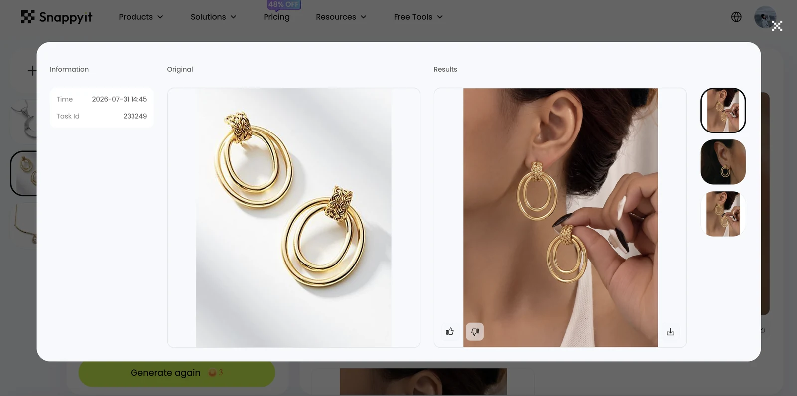 Snappyit Jewelry Model test showing source earrings and generated on-model presentation