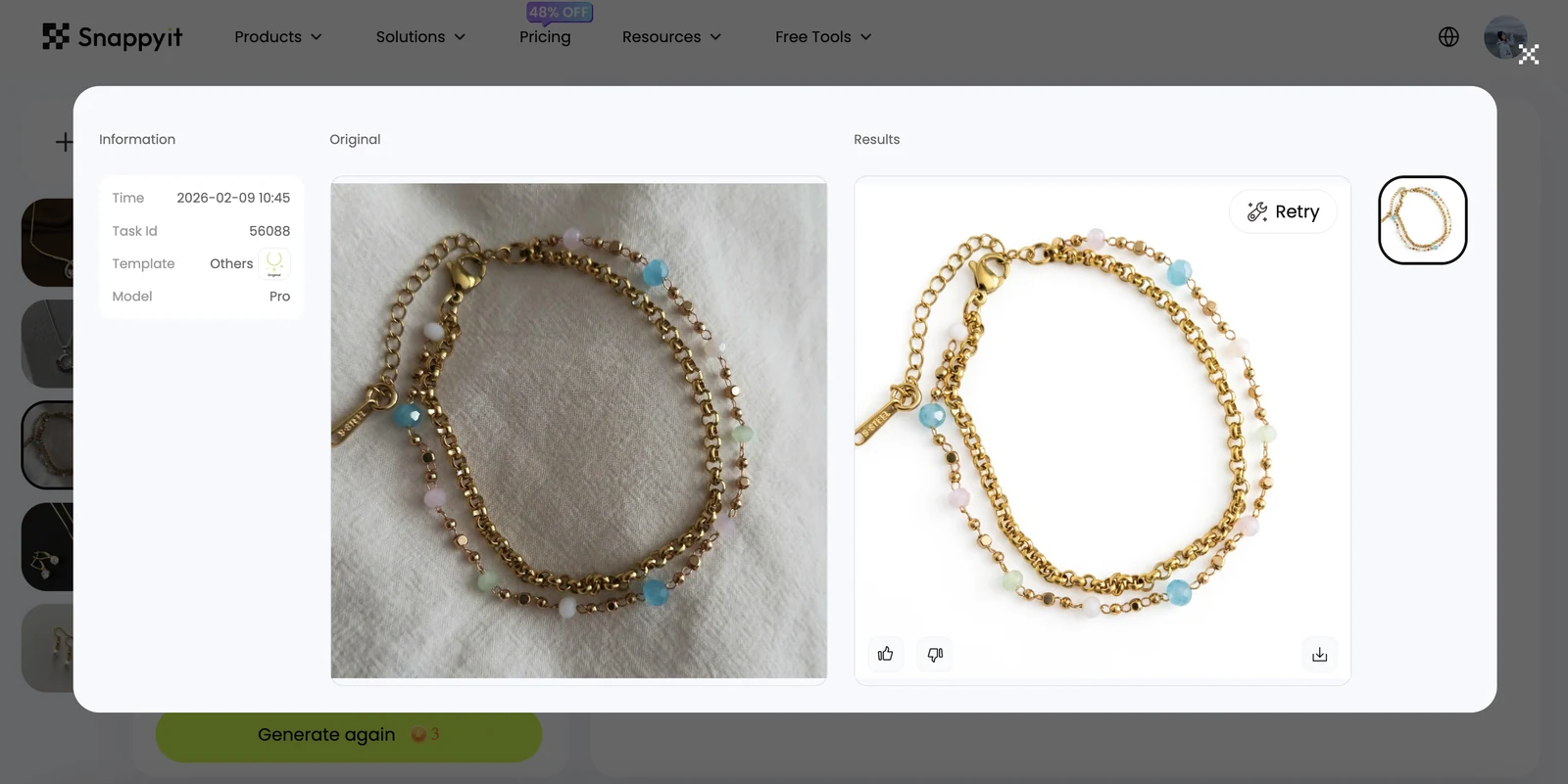 Snappyit Jewelry Retouch test showing the source bracelet and polished ecommerce result