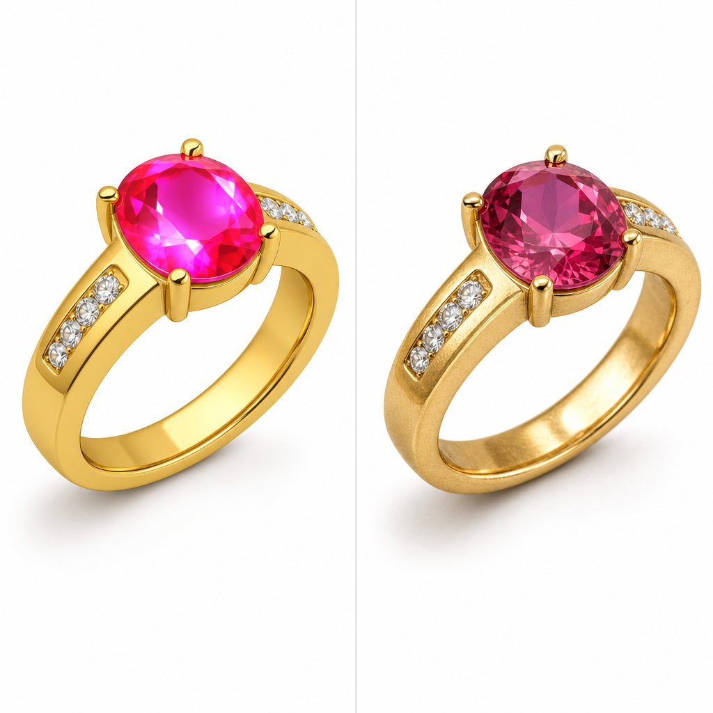 Over-processed jewelry loses its natural texture and luxury feel compared to properly retouched imagery