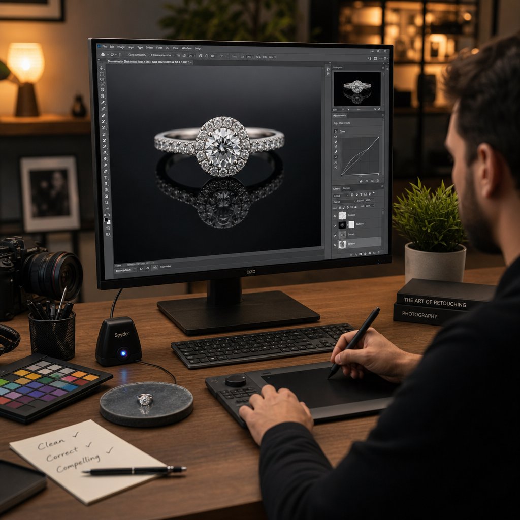 A structured retouching pipeline ensures consistent professional results from raw file to final export