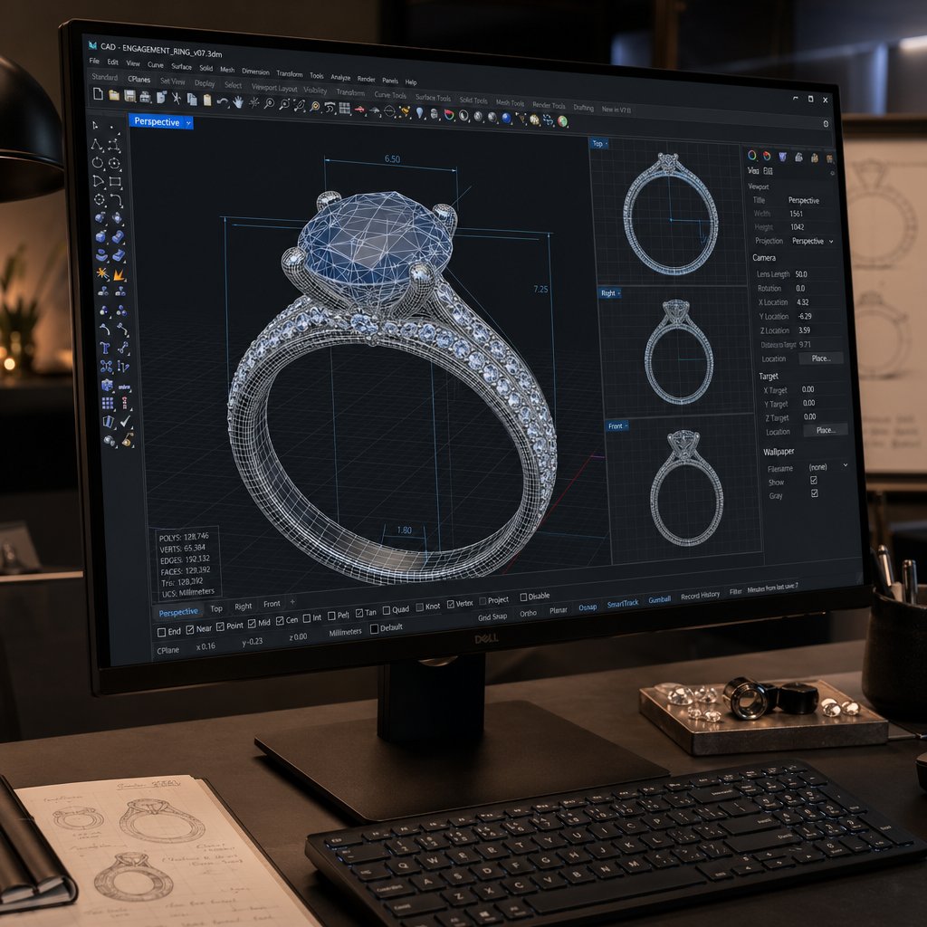 3d cad jewelry modeling workspace showing a ring design in progress with wireframe geometry