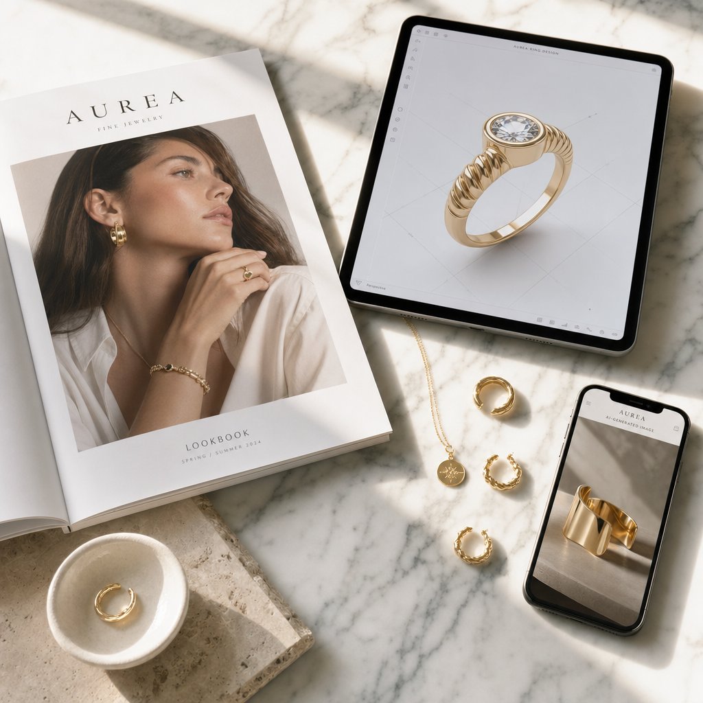 hybrid jewelry visual strategy combining human photography 3d renders and ai generated imagery across devices