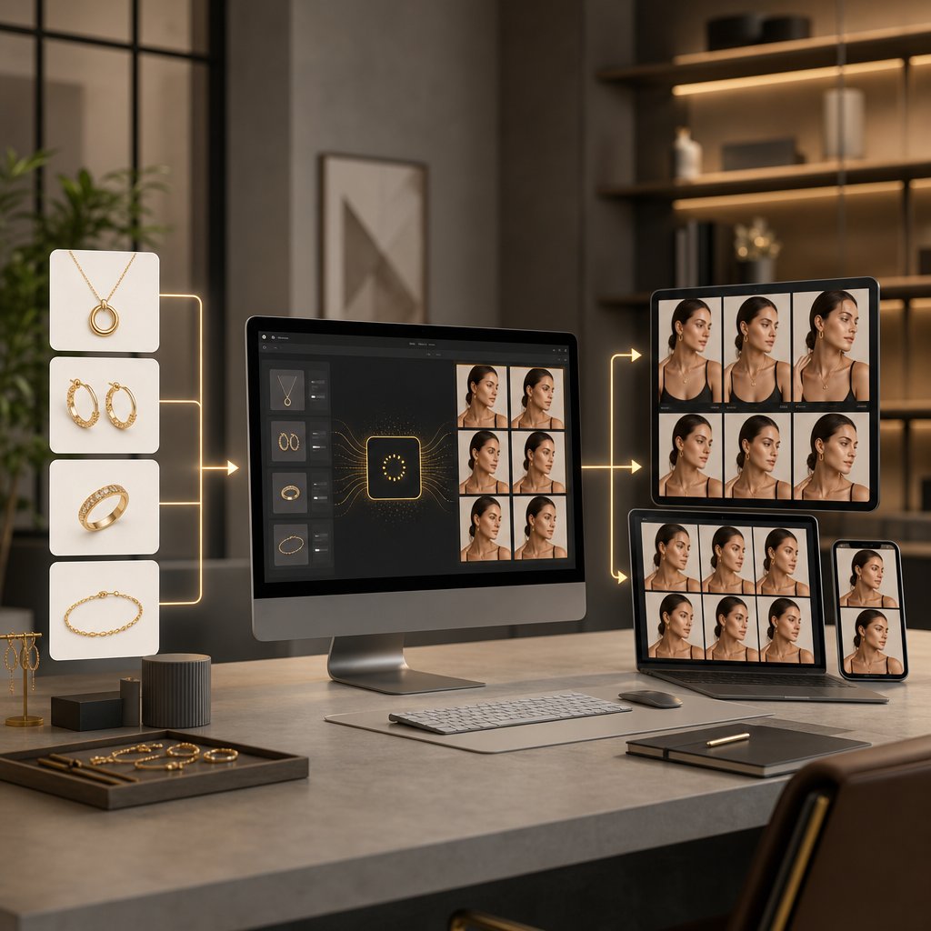 a scalable ai jewelry workflow transforms individual product photos into consistent on model catalog imagery through batch processing