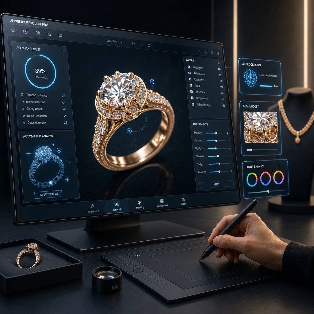 modern jewelry retouching combines ai automation for repetitive tasks with human expertise for creative refinement