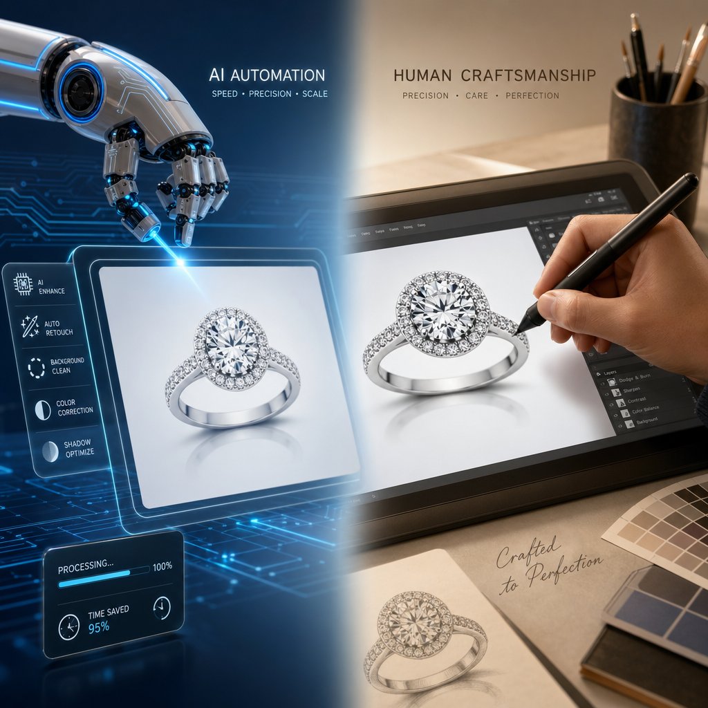 ai handles repetitive tasks while manual retouching delivers the precision jewelry demands