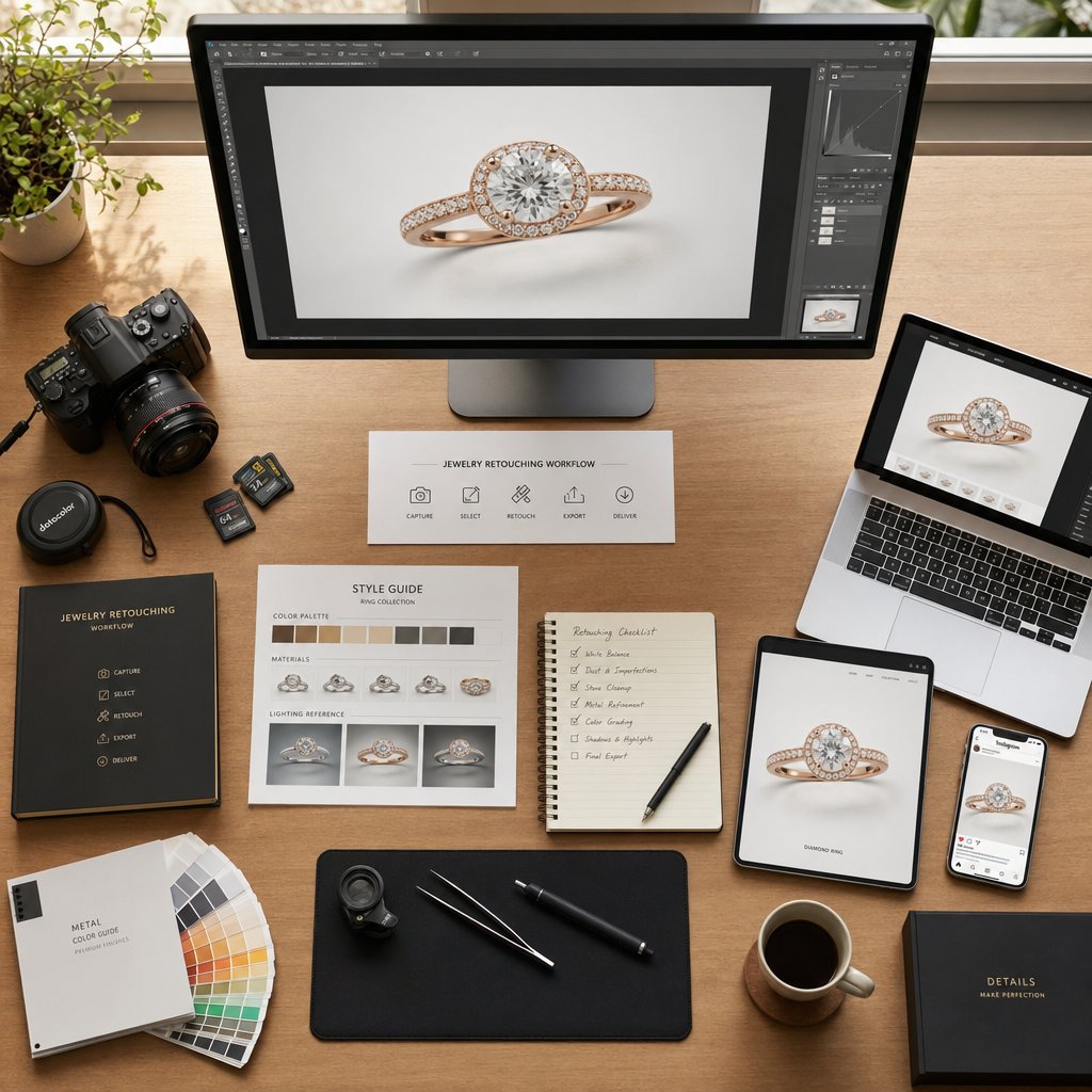 an efficient jewelry retouching workflow moves from import through platform specific export in a repeatable sequence