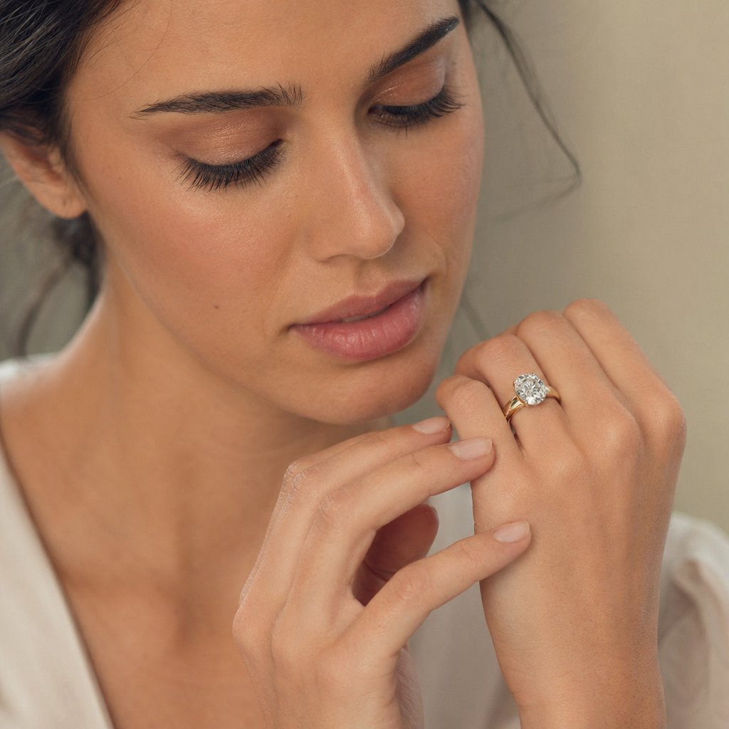 Directing the model's gaze and hands toward the jewelry naturally guides the viewer's eye to the piece
