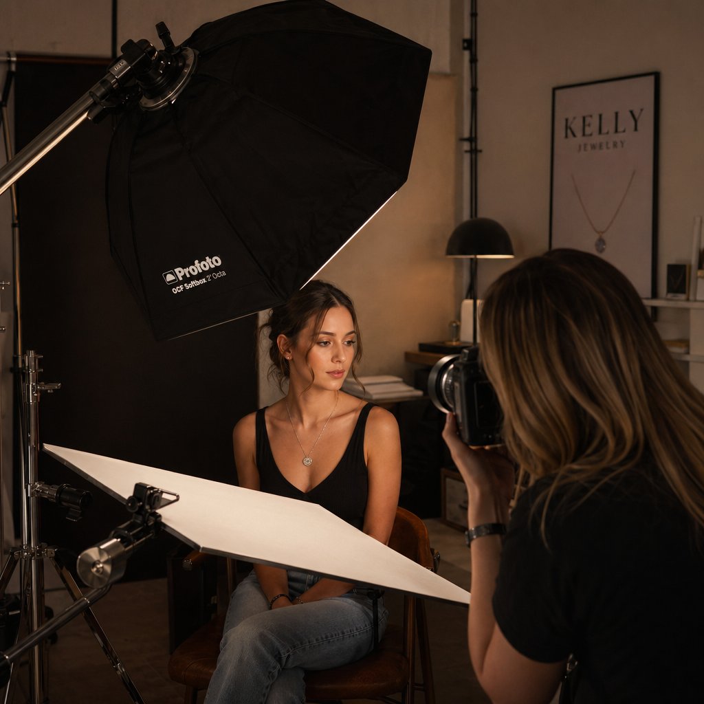 A two-light setup with a softbox key and fill reflector positioned at jewelry height controls metal reflections effectively