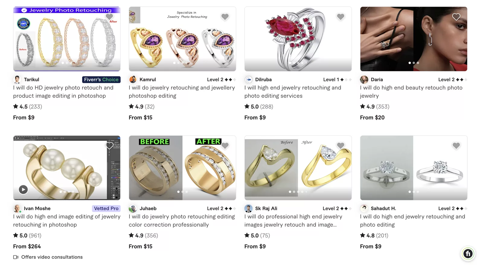 Fiverr jewelry photo retouching gigs and starting prices as of August 3, 2026