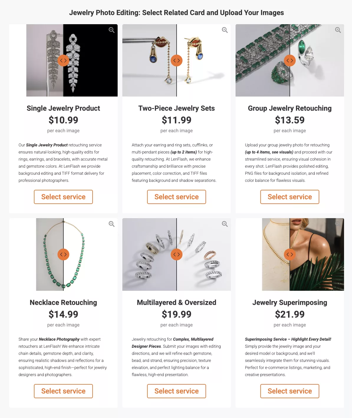 LenFlash jewelry retouching packages and prices as of August 3, 2026
