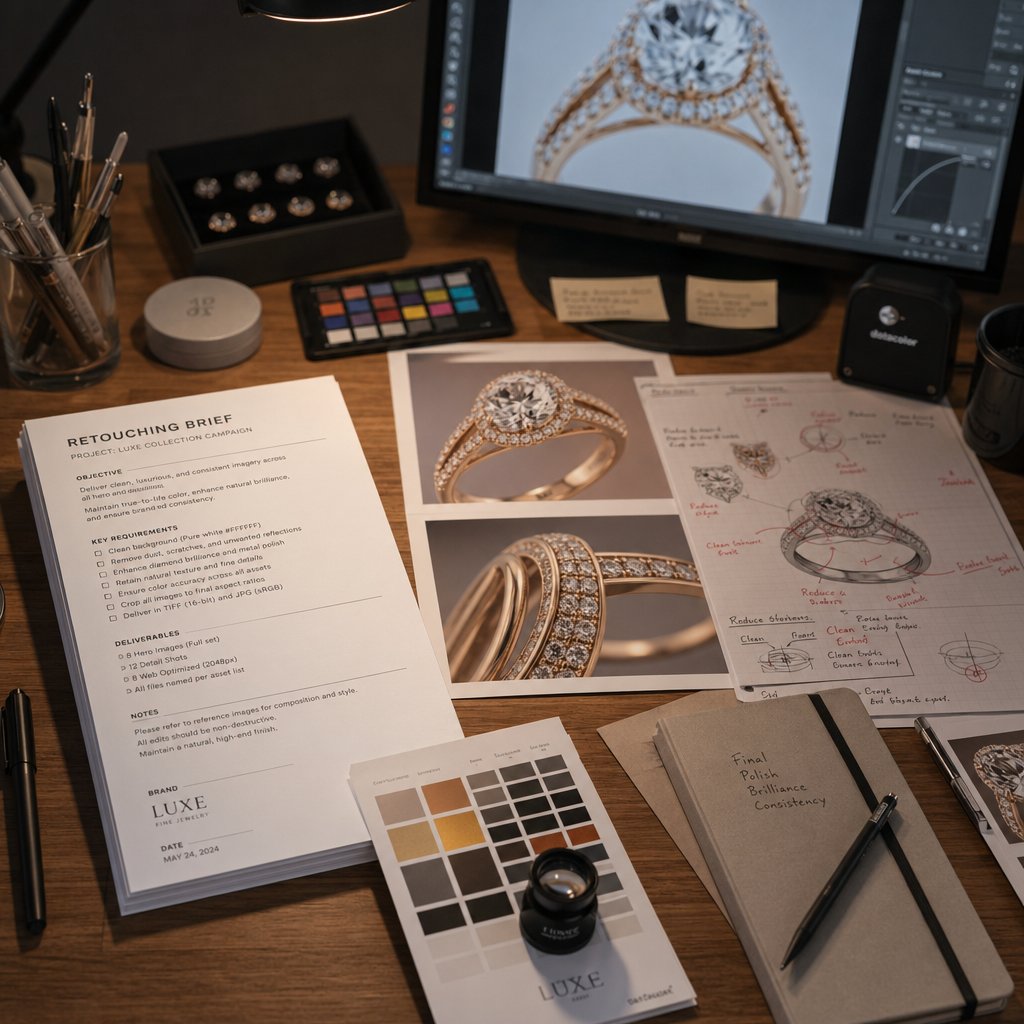 A detailed retouching brief with reference images and color targets reduces revisions and improves results