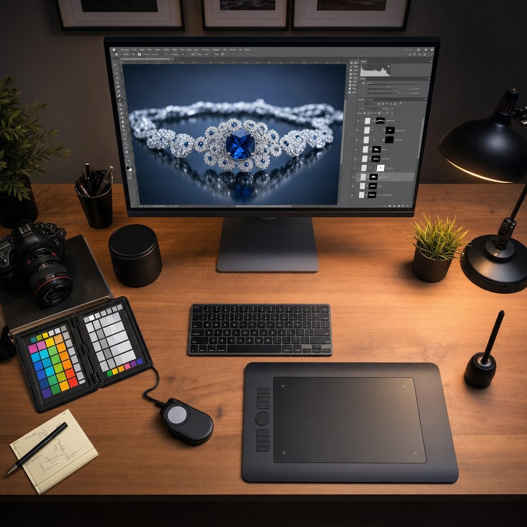 a structured jewelry retouching workflow uses non destructive layers and calibrated tools to move from raw file to polished export