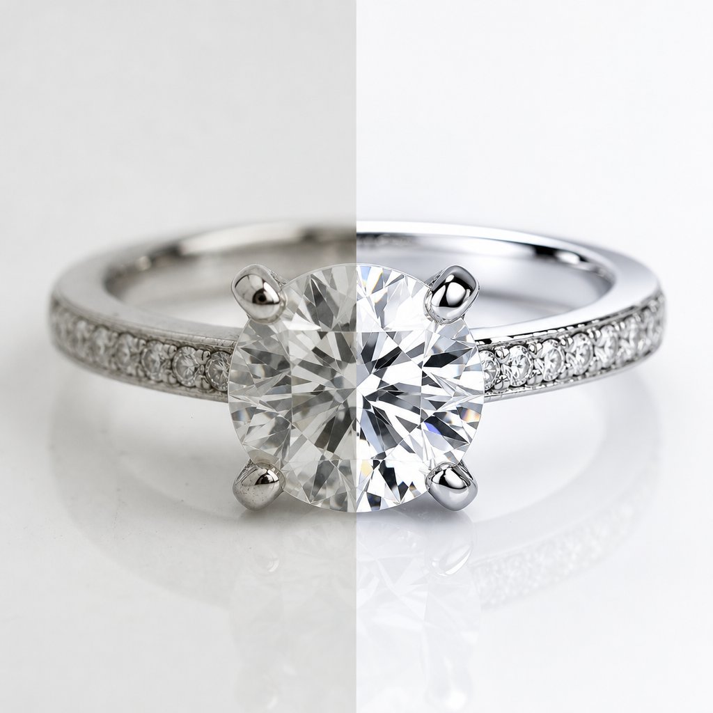 before and after jewelry retouching showing how professional editing transforms dull product photos into brilliant commercial images