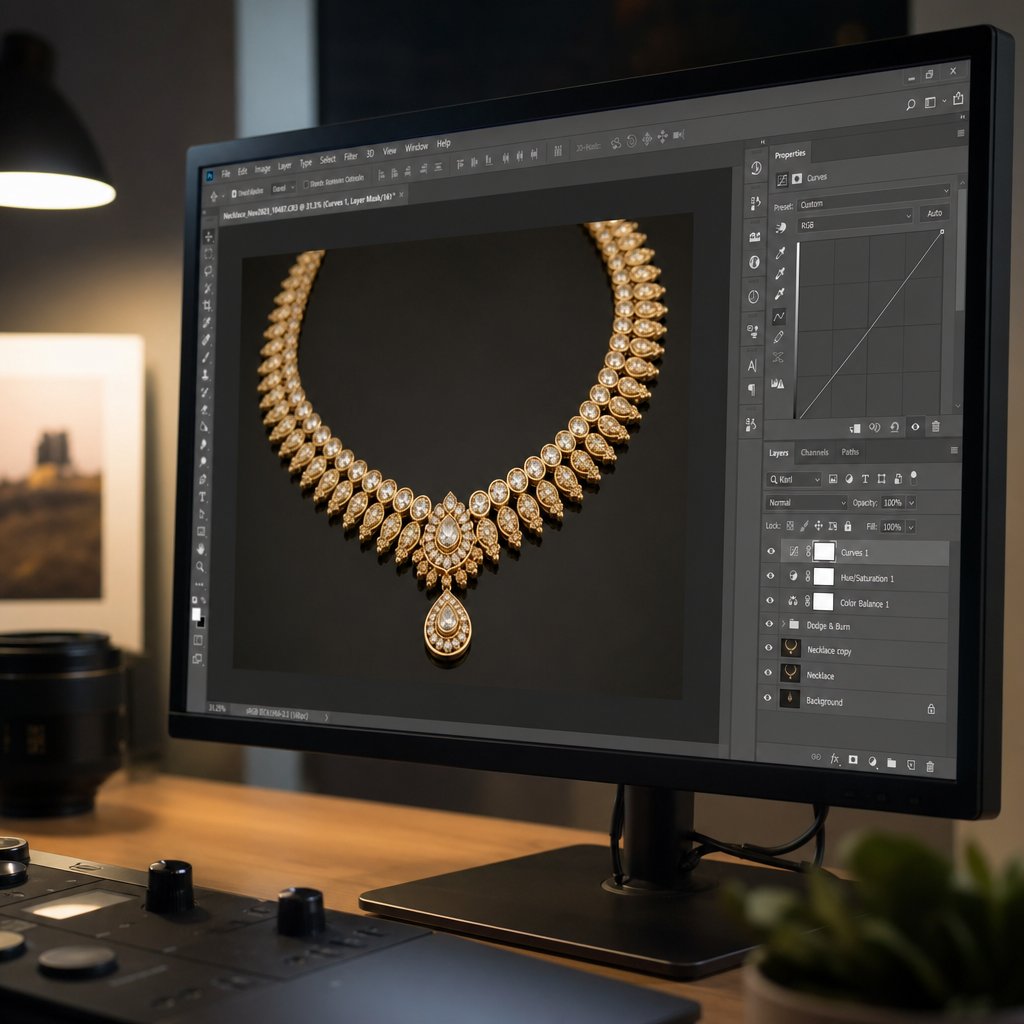 professional jewelry retouching involves precise digital techniques to enhance metal surfaces and gemstone brilliance
