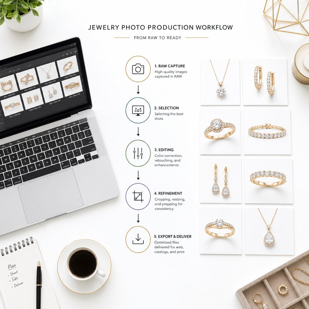 the jewelry retouching workflow moves from raw file submission through structured production stages to final platform ready delivery
