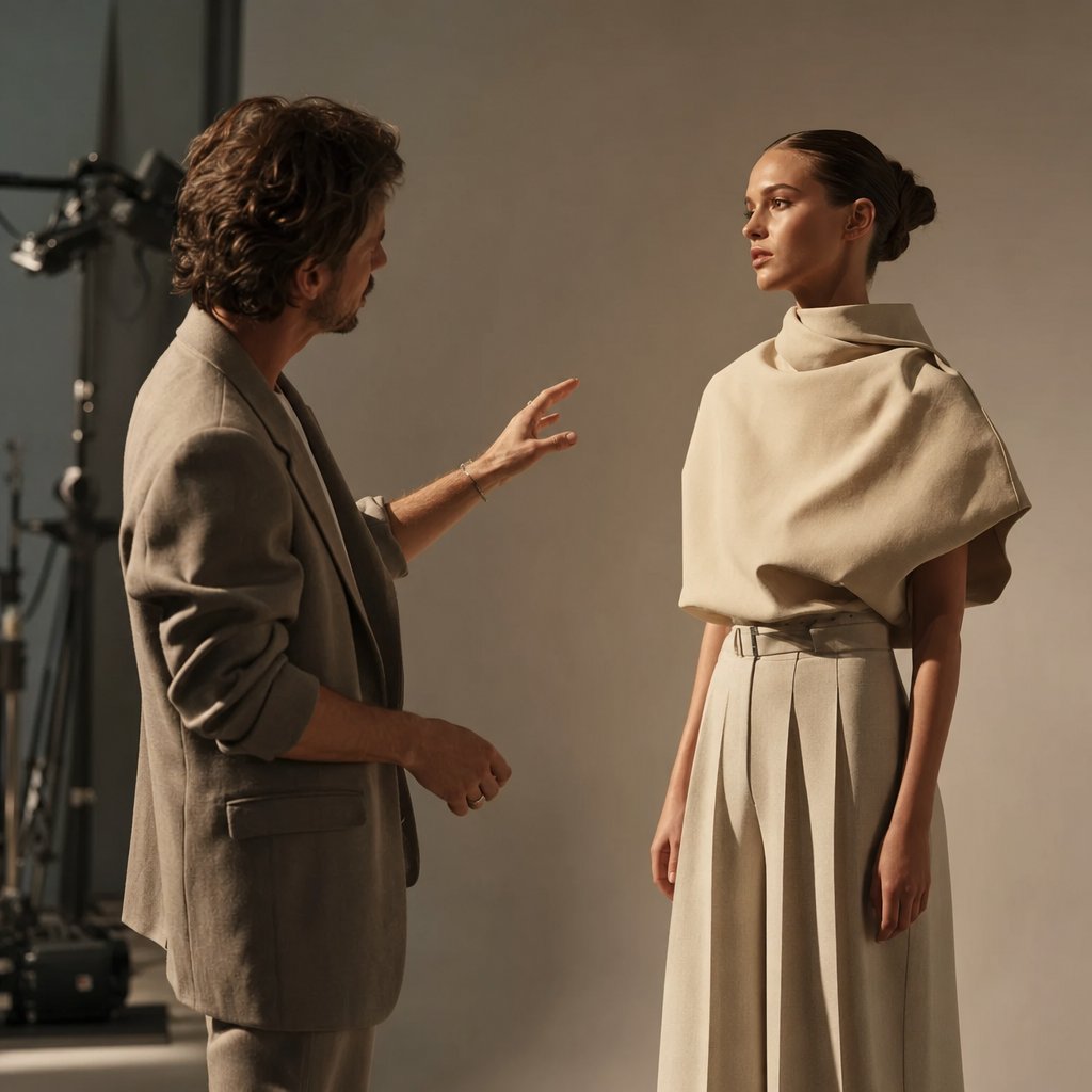 director guiding a model through restrained editorial movement on a luxury fashion set