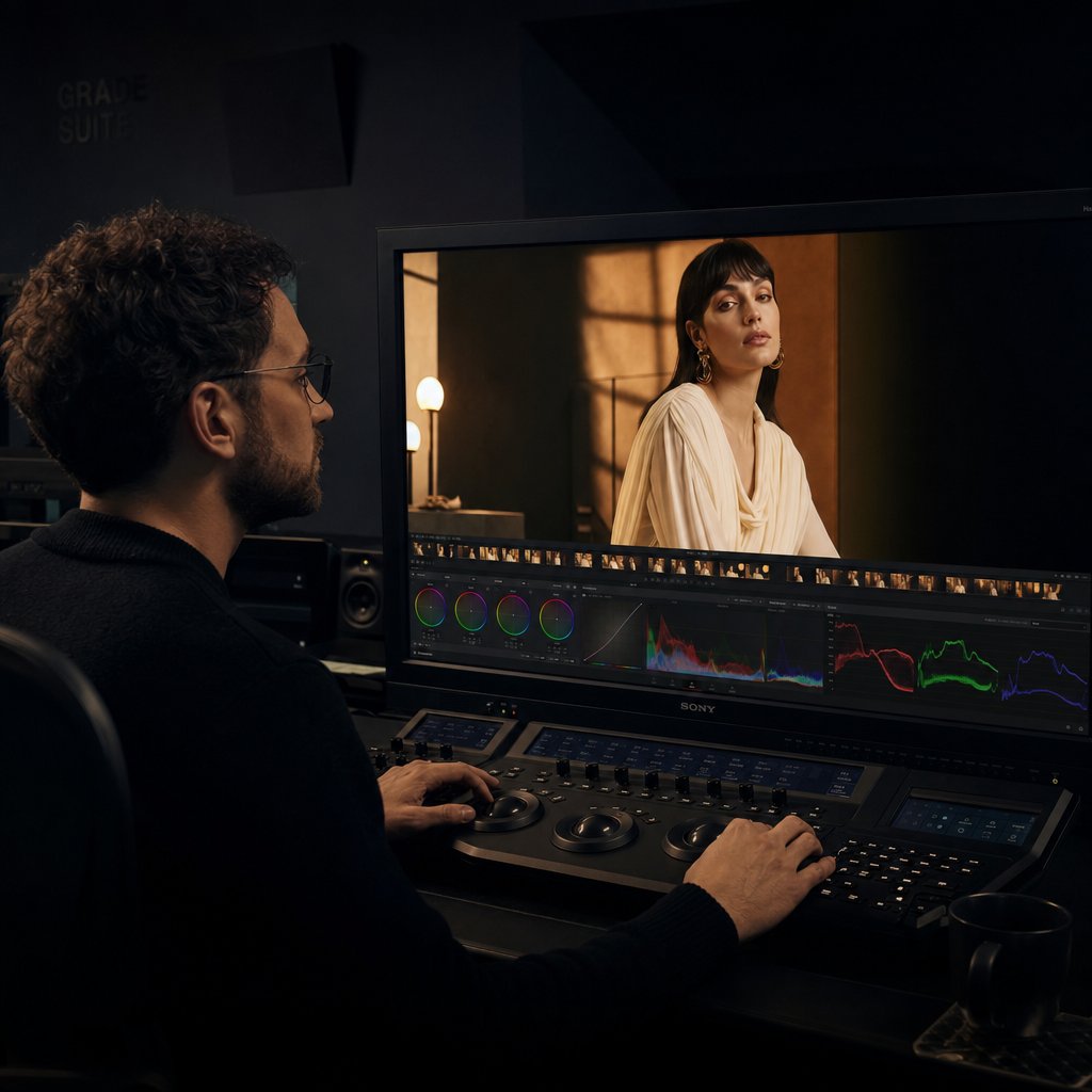 professional colorist refining luxury fashion footage in a calibrated grading suite