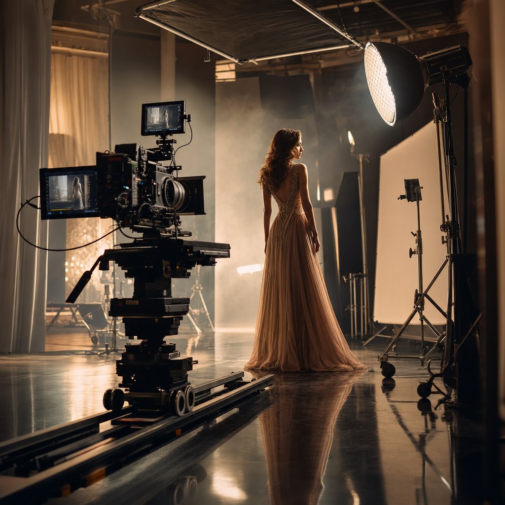professional luxury fashion video production set with cinematic lighting and camera equipment