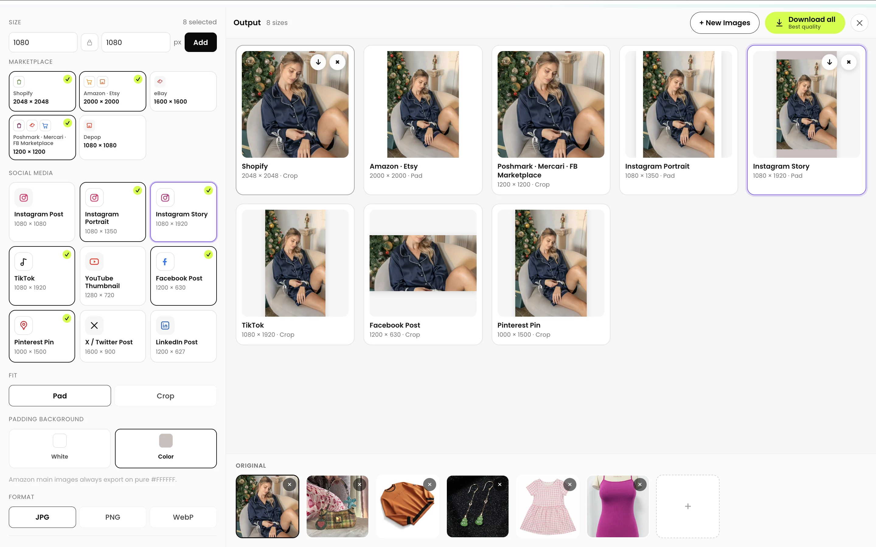 Image Resizer workspace with marketplace presets, Crop, Pad and batch previews