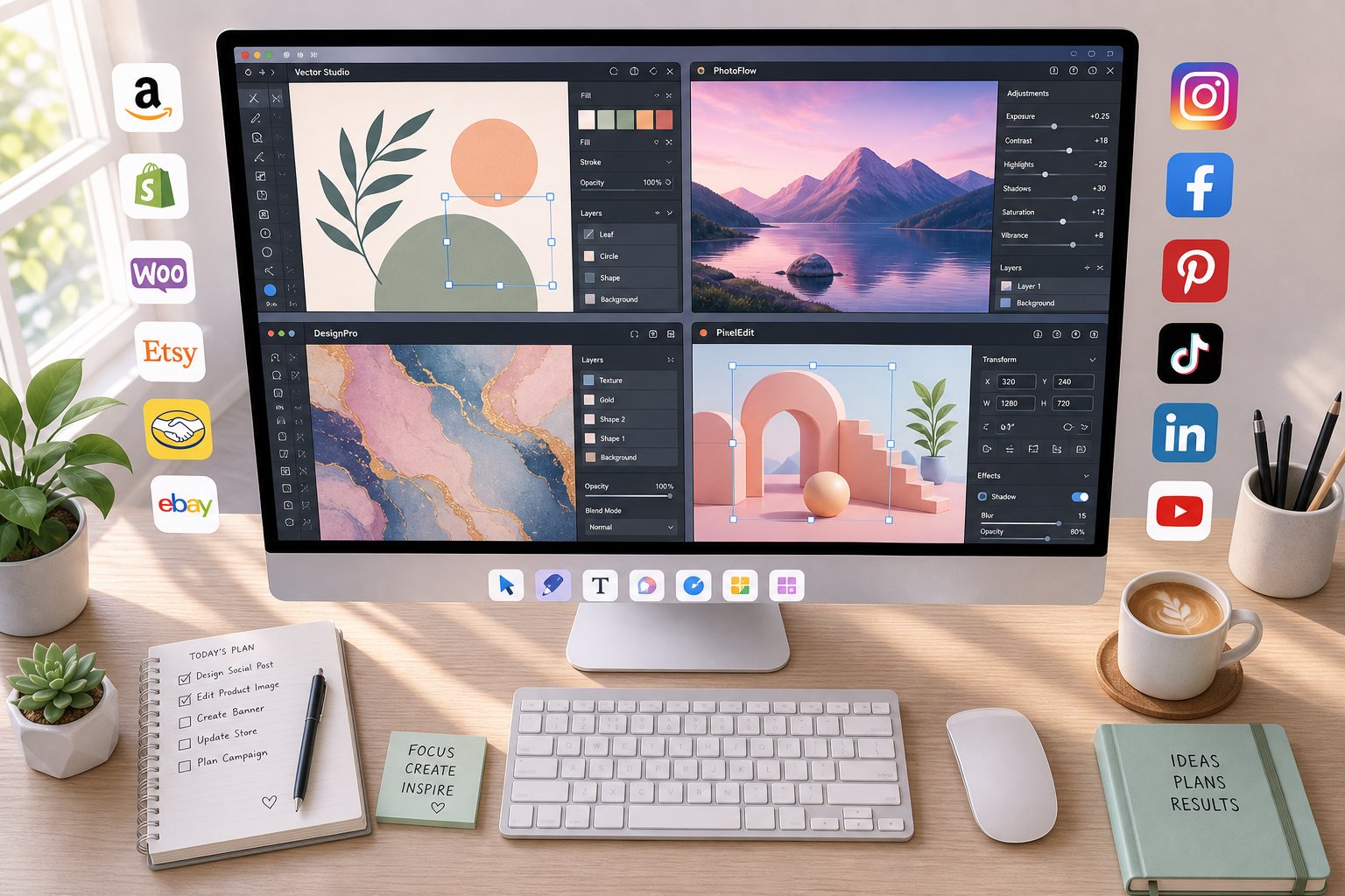 Creative workspace preparing images for marketplaces and social channels