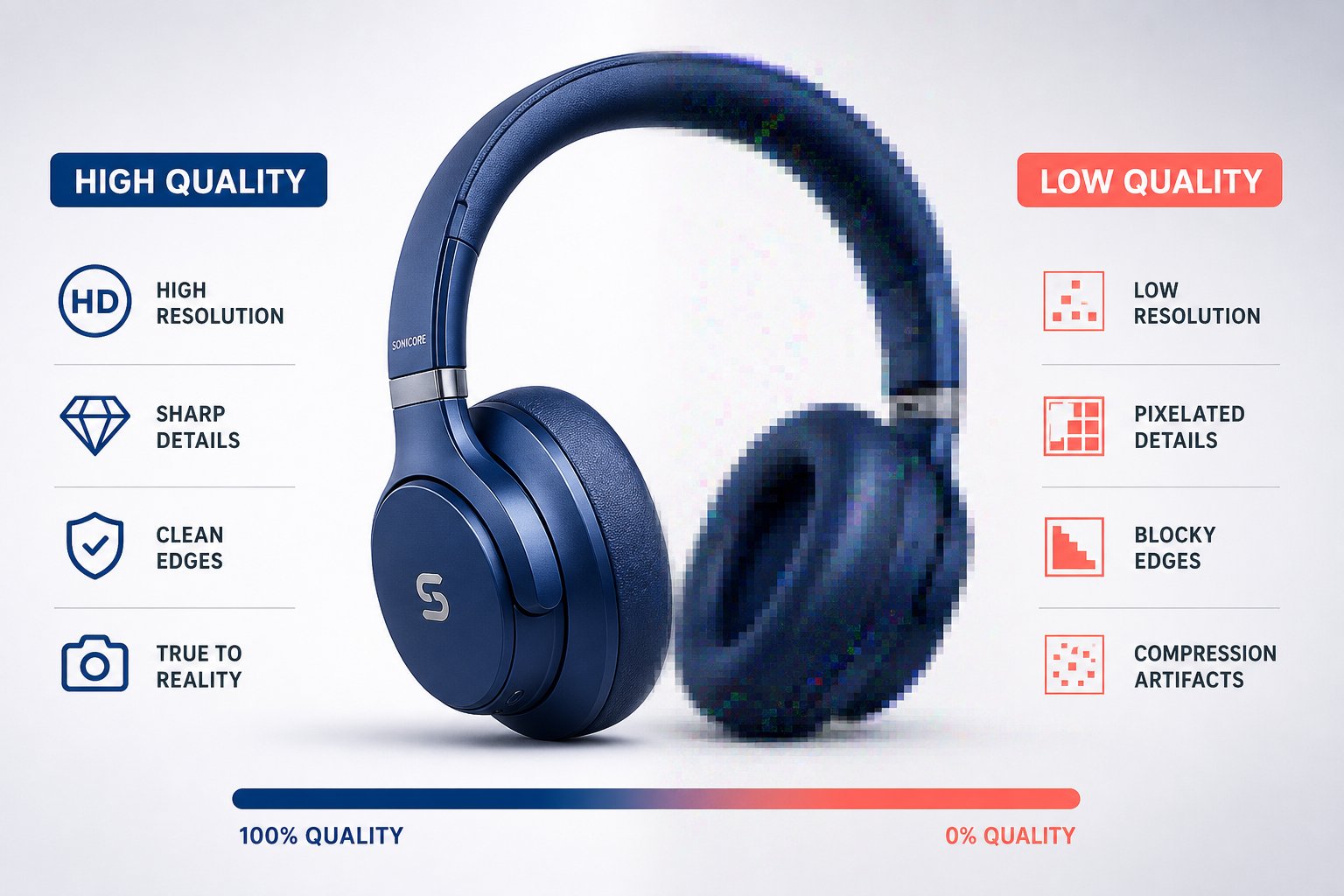 Sharp product photo compared with a pixelated low-quality export
