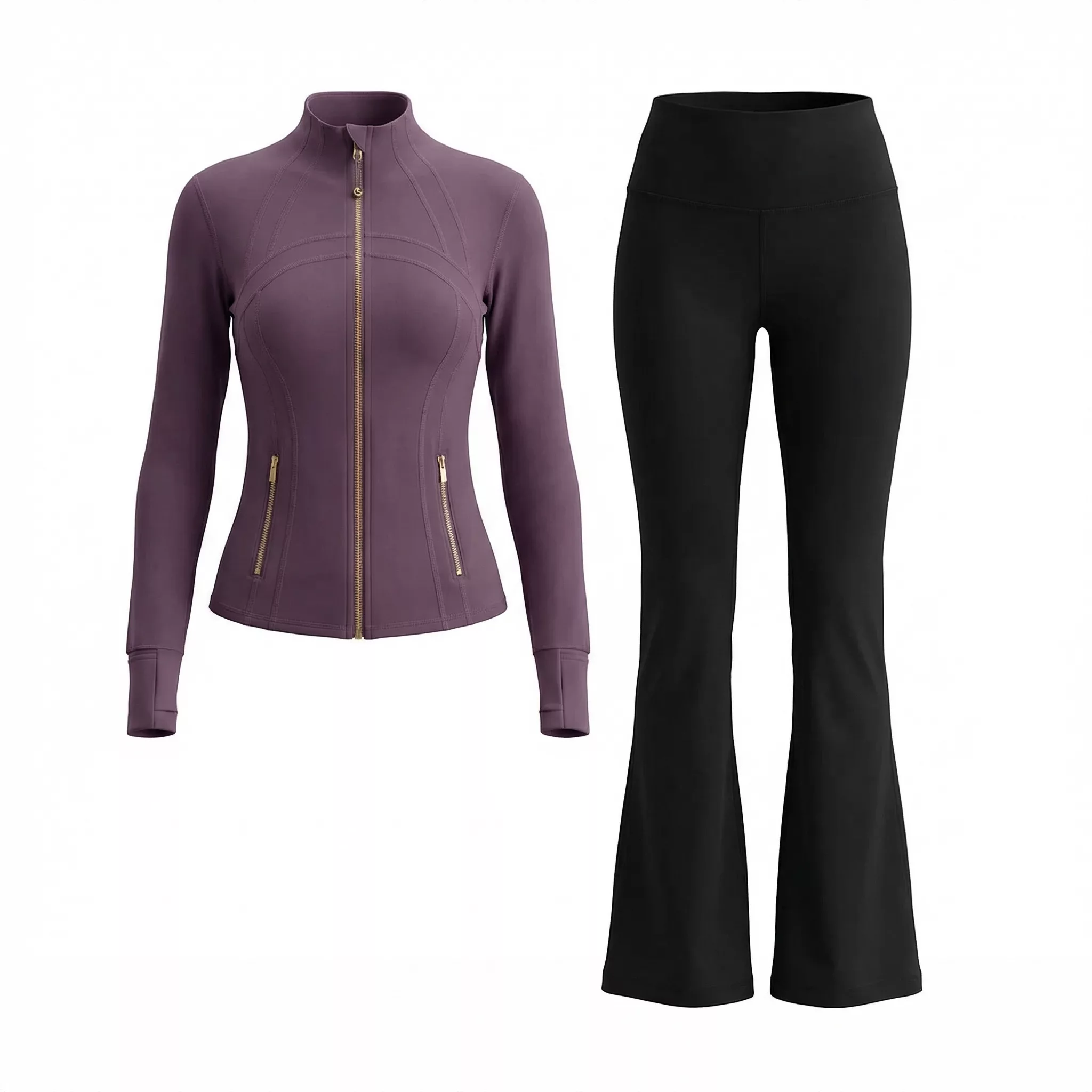 Ghost mannequin listing image of the purple jacket and black pants