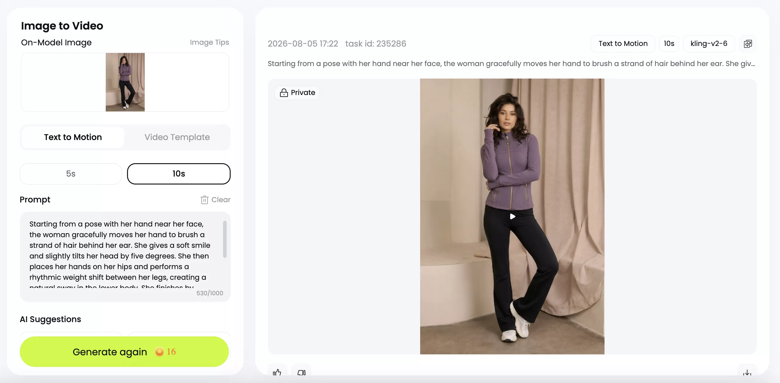 Snappyit Image to Video workspace used for the purple activewear test on August 5, 2026