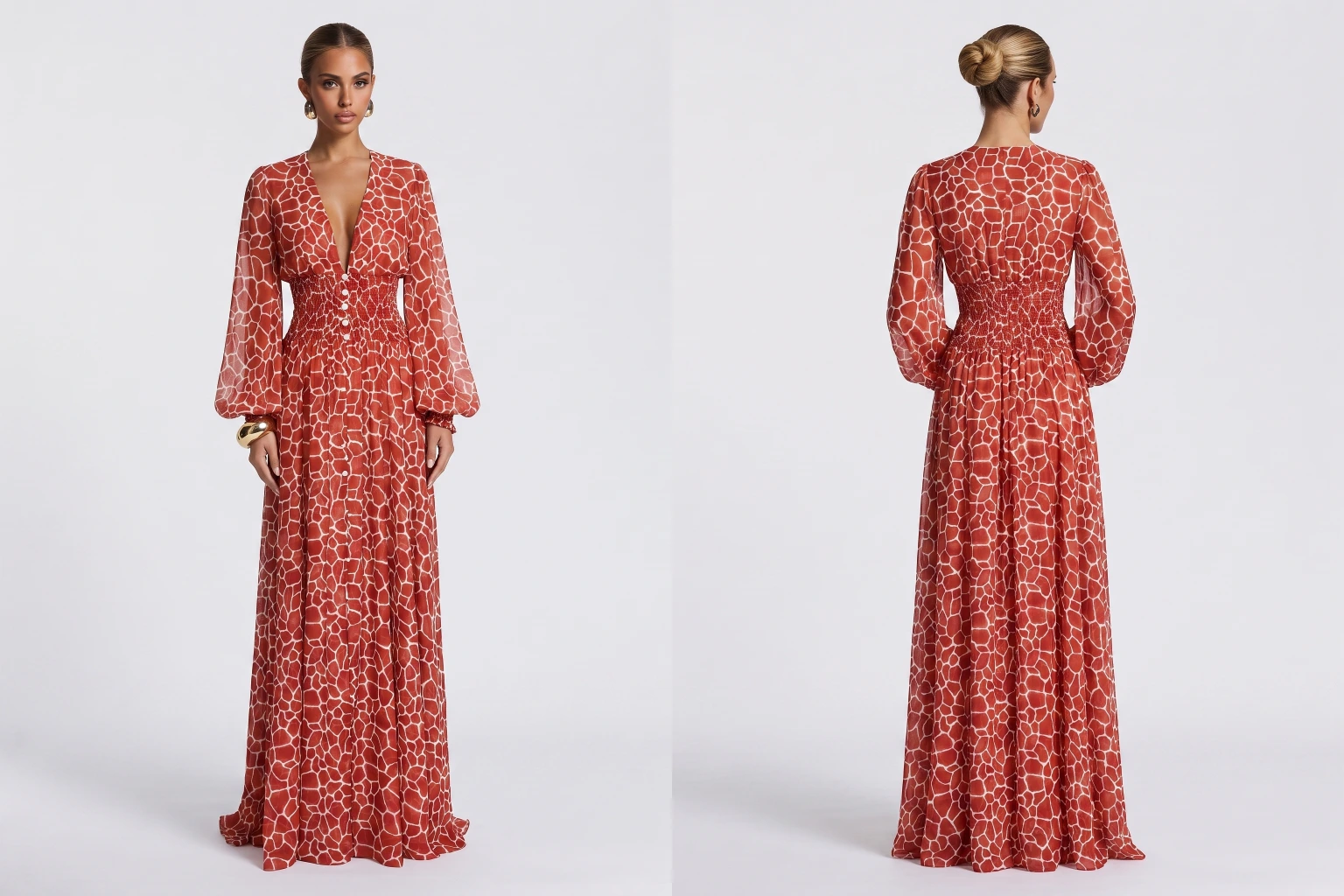 AI-generated full-length front and back views of a red patterned maxi dress, shown side by side