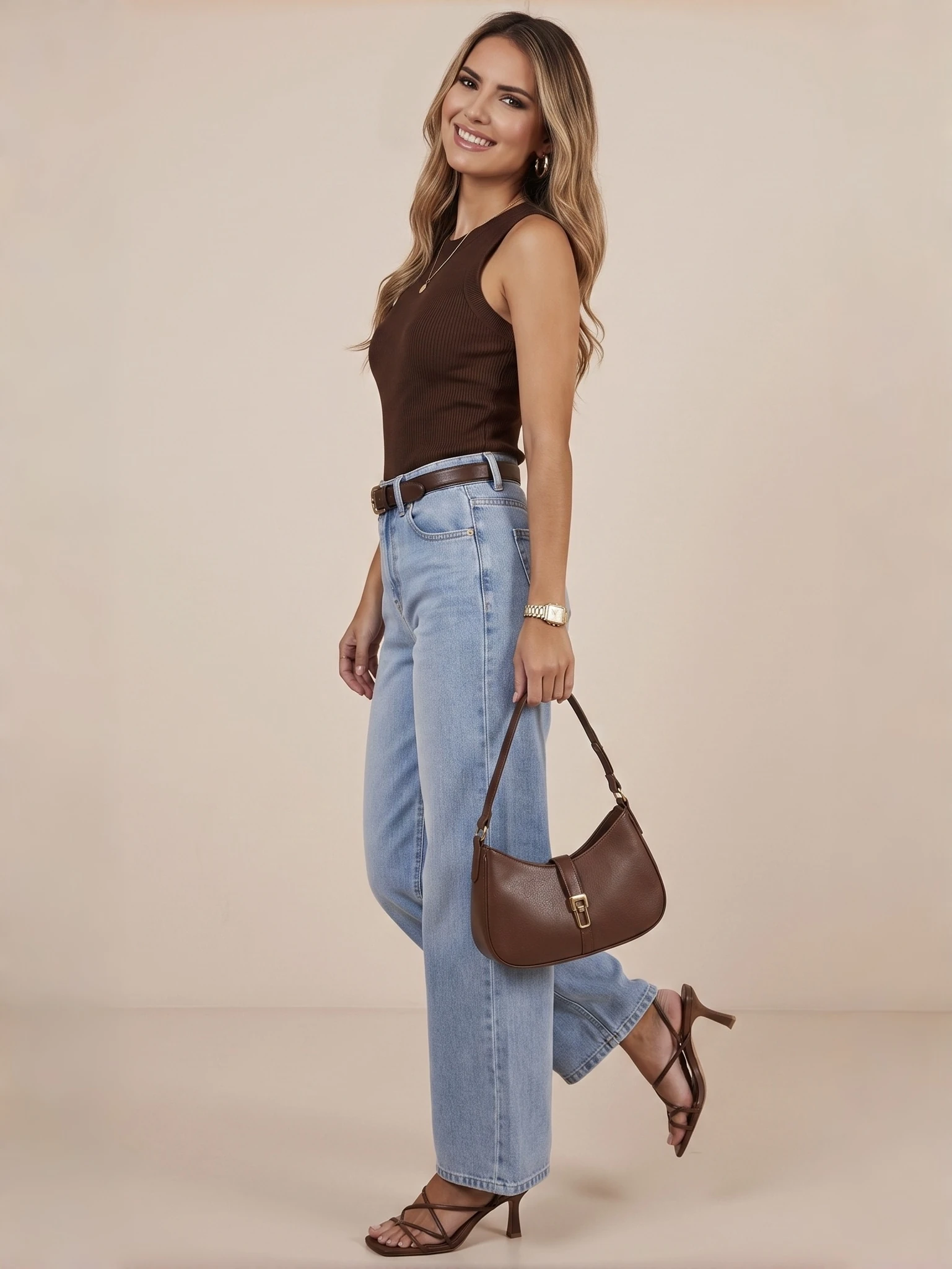 Side-oriented model in a brown sleeveless top and blue jeans, with a bent leg and both shoes in frame