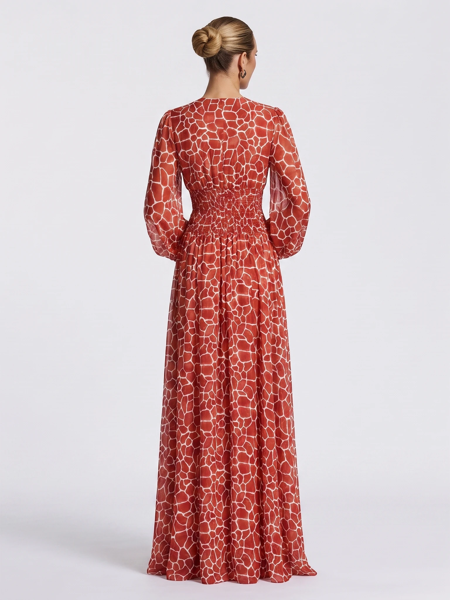 Generated full-length back view of the red patterned maxi dress