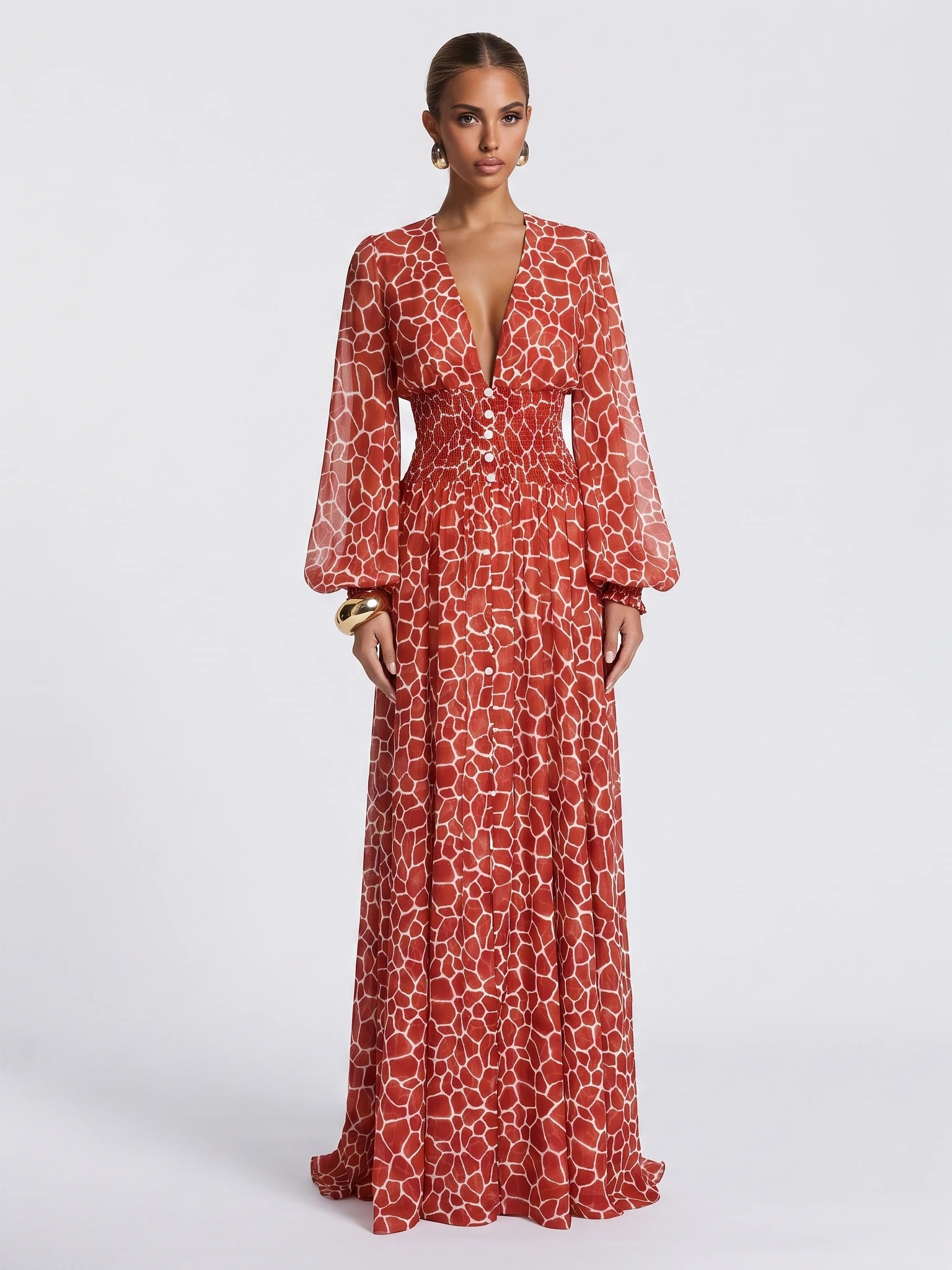 Generated full-length front view of the red patterned maxi dress