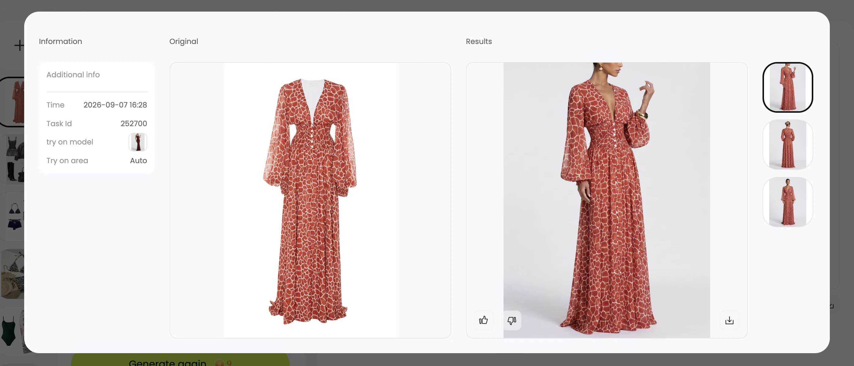 Snappyit comparison showing the original red dress beside a closer generated model image, with back and front result thumbnails