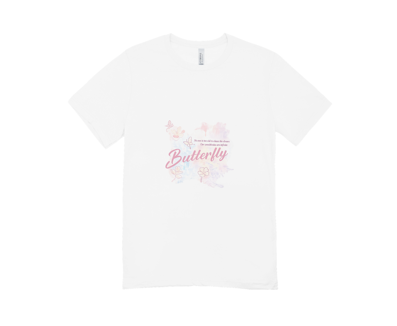 White T-shirt product mockup created in Canva with the butterfly print