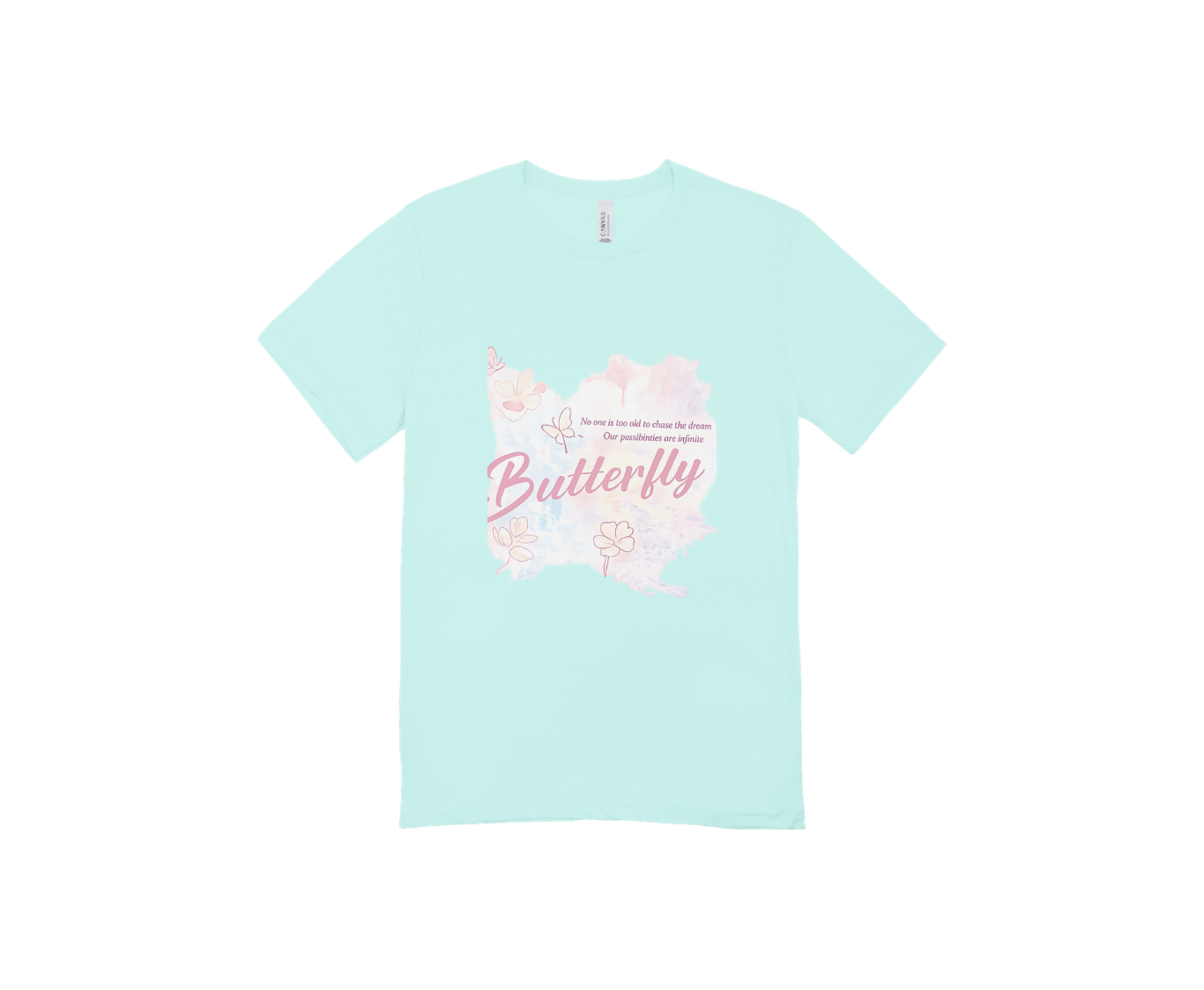 Pale-mint T-shirt mockup created in Canva with part of the large print clipped