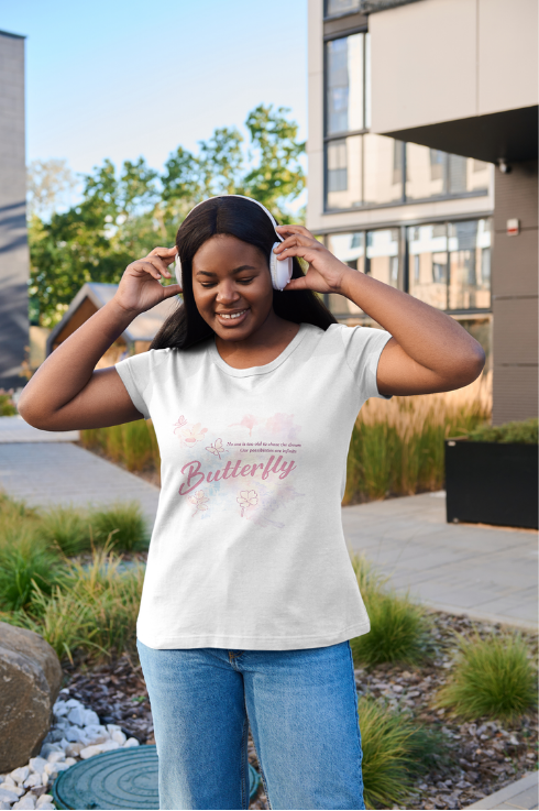 Canva model mockup showing a woman wearing the butterfly T-shirt