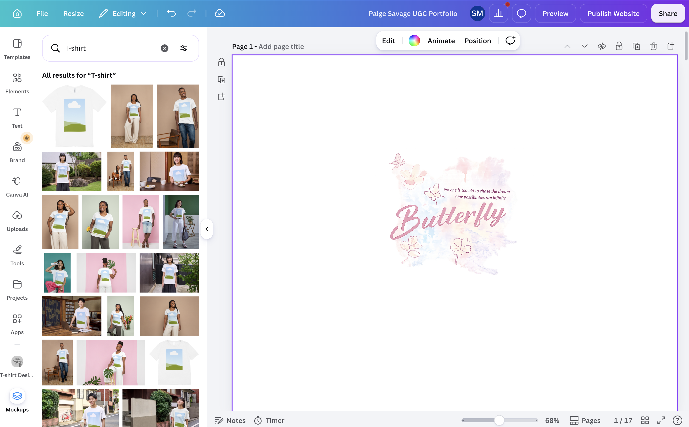 Canva editor showing T-shirt mockup templates and the uploaded butterfly artwork