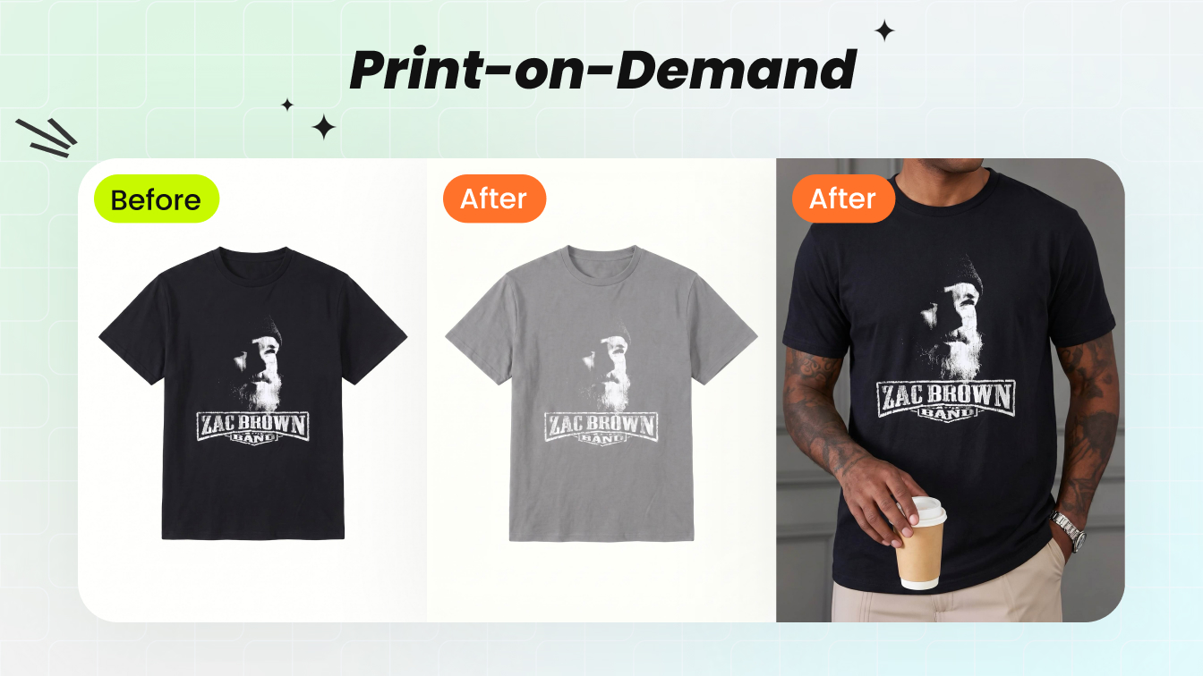Print-on-demand T-shirt workflow showing a product image, color variant, and male model mockup